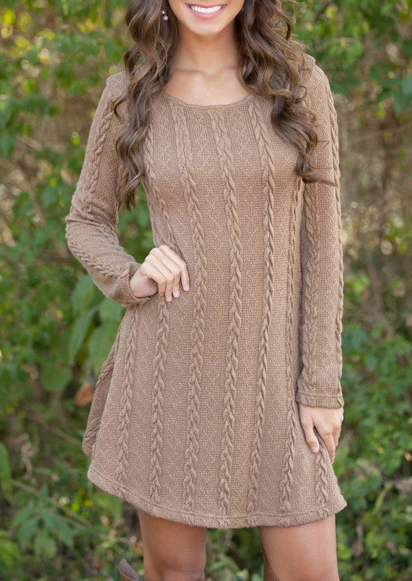 Knitting Round Neck Long Sleeve Sweater Dress - Oh Yours Fashion - 7