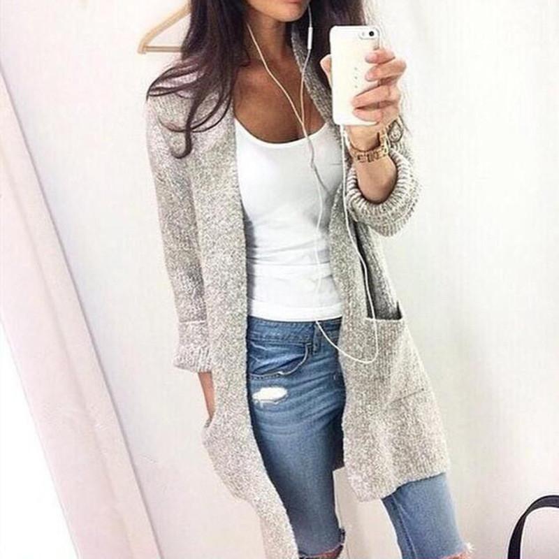 Fashion Long Cardigan Splicing Solid Color Sweater - OhYoursFashion - 2