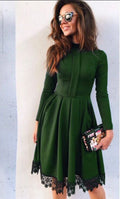 Scoop Long Sleeves Lace Patchwork Flared Pleated Knee-length Dress - Oh Yours Fashion - 2