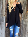 Cross Strap Neckline Irregular Long Sleeves Loose Hooded Blouse - Oh Yours Fashion - 3
