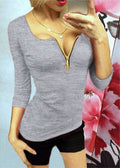 Sexy Zipper V-neck 3/4 Sleeves Slim T-shirt - Oh Yours Fashion - 5