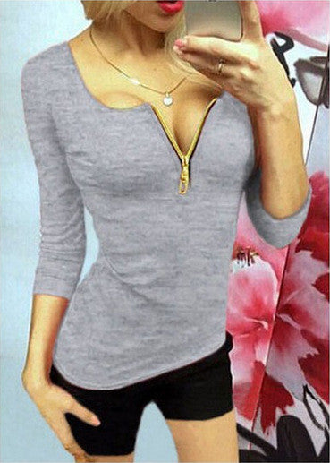Sexy Zipper V-neck 3/4 Sleeves Slim T-shirt - Oh Yours Fashion - 5