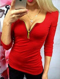Sexy Zipper V-neck 3/4 Sleeves Slim T-shirt - Oh Yours Fashion - 6