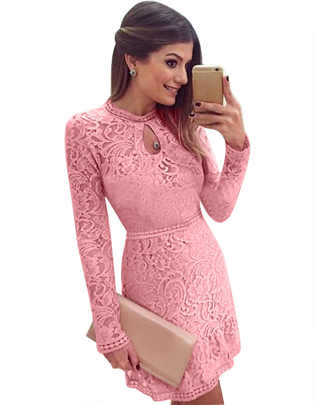 Lace Hollow Out Long Sleeves Mini Party Dress - OhYoursFashion - 5