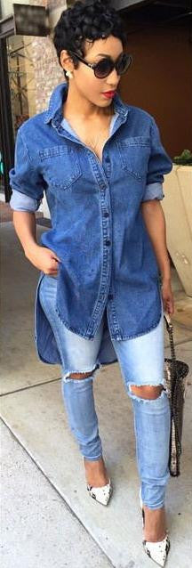 Turn-down Collar Long Sleeves Slim Long Denim Blouse - Oh Yours Fashion - 1