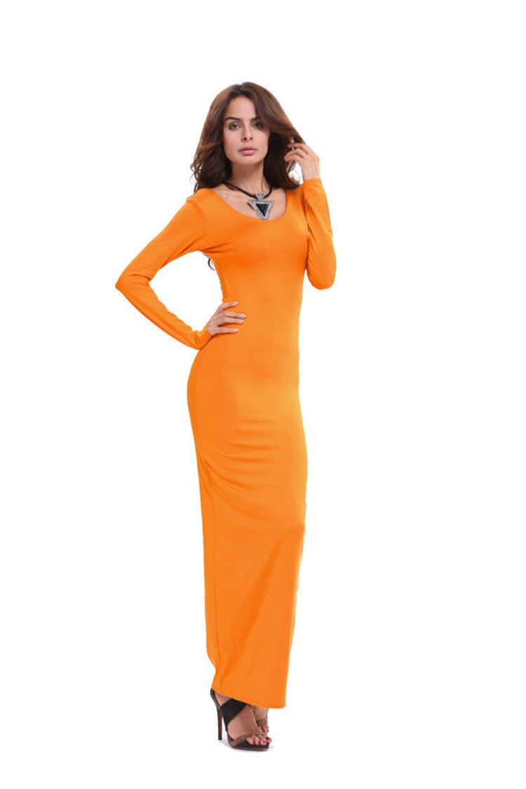 Elegant Pure Color Long Sleeve Scoop Bodycon Long Dress - Oh Yours Fashion - 7