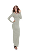 Elegant Pure Color Long Sleeve Scoop Long Bodycon Dress - Oh Yours Fashion - 8