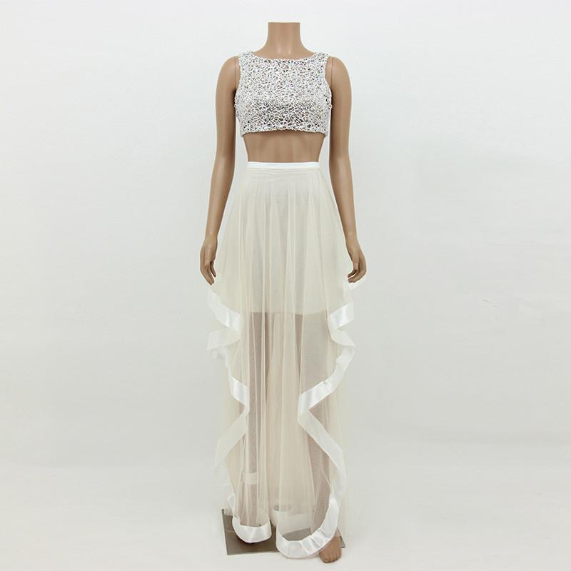 Mesh Two Piece Crop Top with Irregular Long Skirt Dress Set - OhYoursFashion - 2