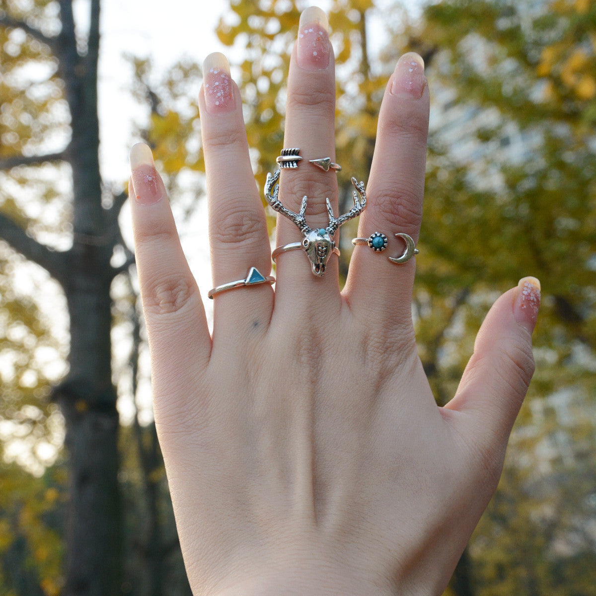Deer Head Triangle Moon Free Combination Ring Set - Oh Yours Fashion - 1