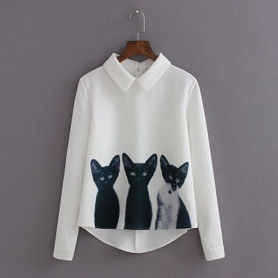 Three Cats Flower Print Turn-down Collar Pullover Blouse - Oh Yours Fashion - 1