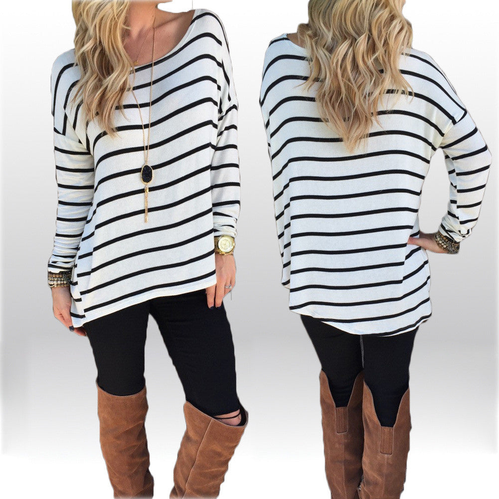 Striped Long Sleeves Scoop Casual Long Blouse - Oh Yours Fashion - 1