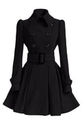 Flared Hem Turn-down Collar Slim Double Button Wool Coat With Belt