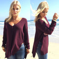 Sexy Purple Both Deep V Neck Side Slit Long Sweater - Oh Yours Fashion - 1