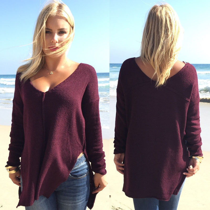 Sexy Purple Both Deep V Neck Side Slit Long Sweater - Oh Yours Fashion - 4