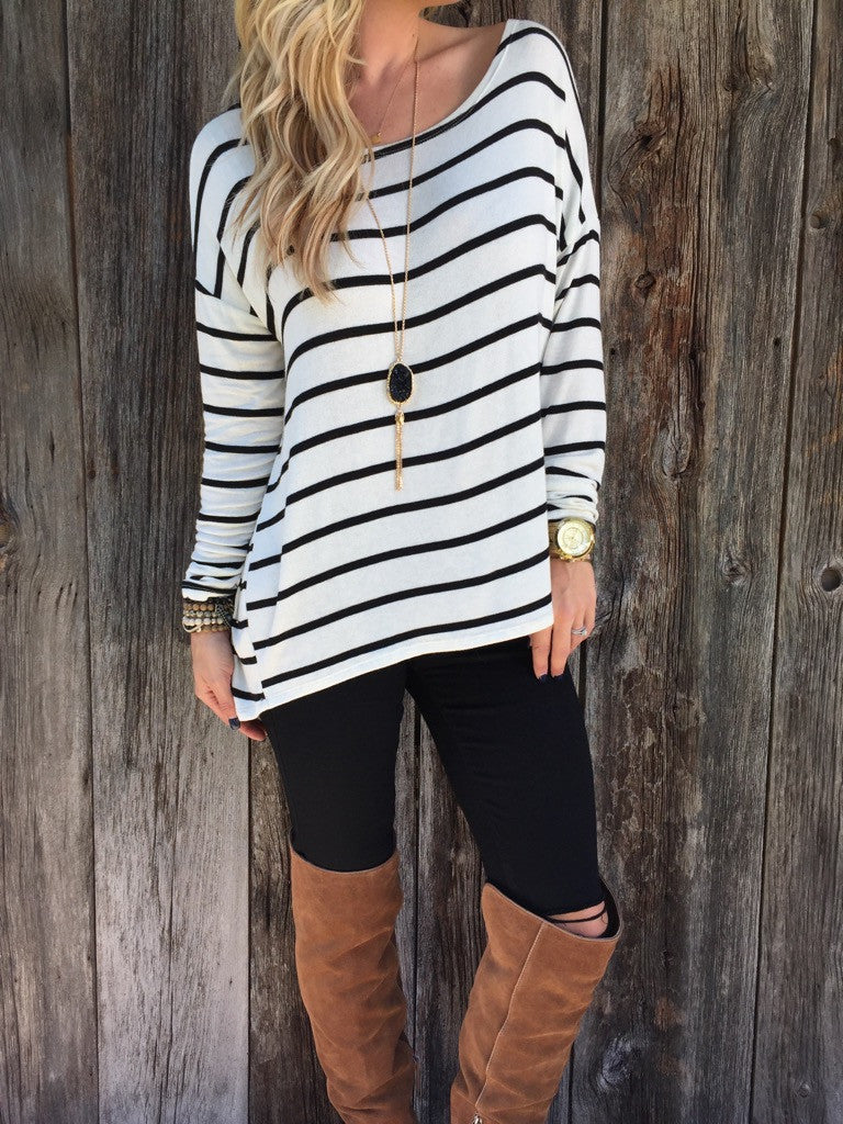 Striped Long Sleeves Scoop Casual Long Blouse - Oh Yours Fashion - 1