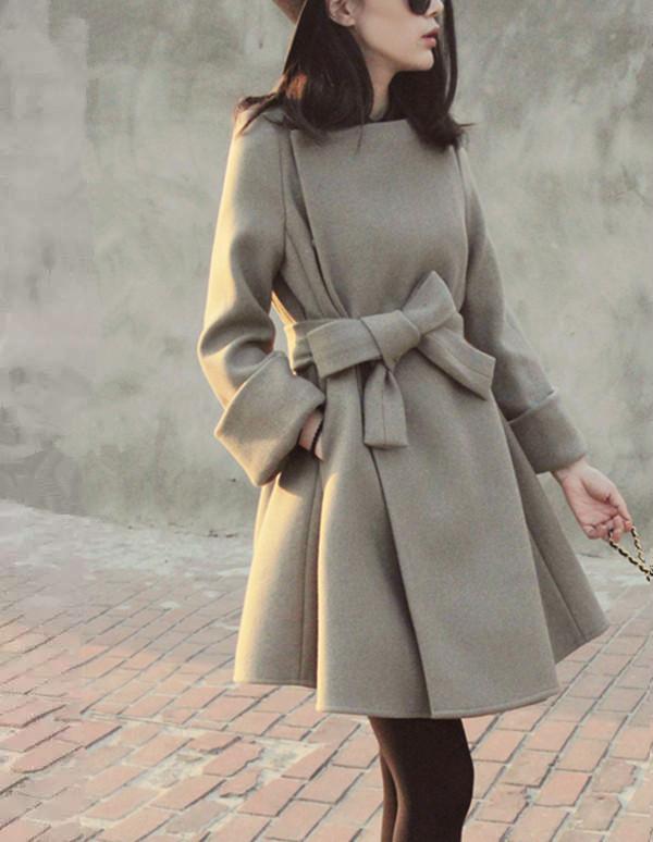 Scoop Bowknot Long Sleeves Slim Casual Woolen Coat - OhYoursFashion - 1