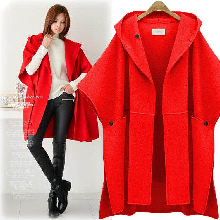 Hooded Lapel Bat-wing Sleeves Mid-length Woolen Coat - Oh Yours Fashion - 5