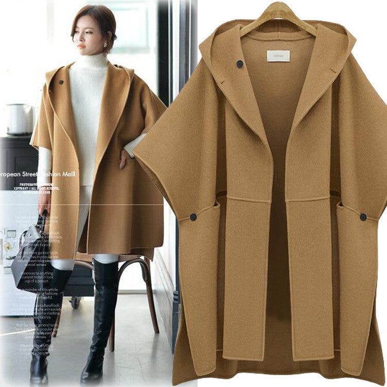 Hooded Lapel Bat-wing Sleeves Mid-length Woolen Coat - Oh Yours Fashion - 1