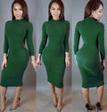 High Neck Long Sleeves Bodycon Pure Color Party ClubDress - OhYoursFashion - 1