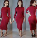 High Neck Long Sleeves Bodycon Pure Color Party ClubDress - OhYoursFashion - 3