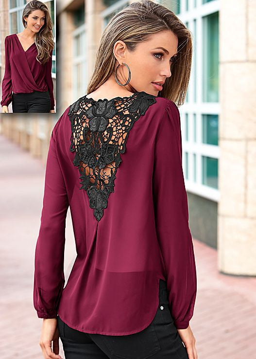 Backless Lace Patchwork V-neck Long Sleeves Chiffon Blouse - Oh Yours Fashion - 2