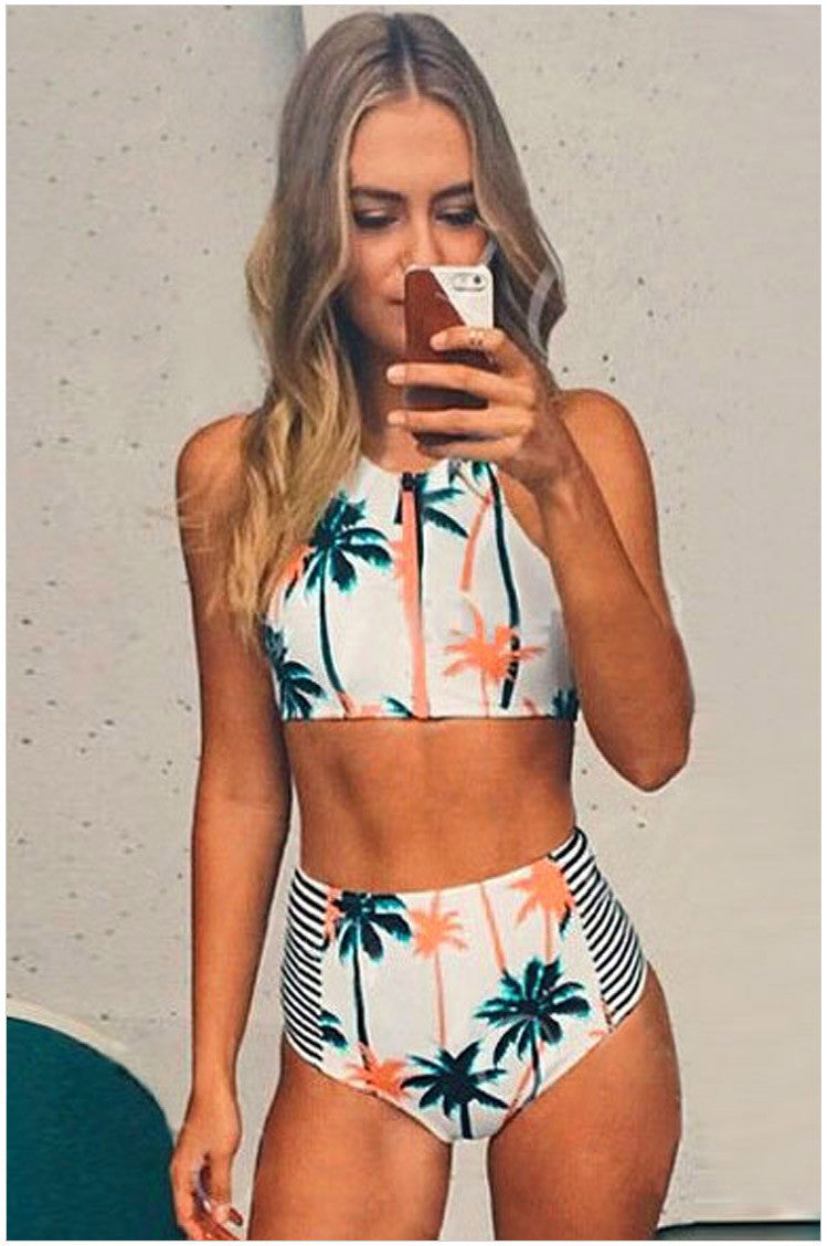 High Waist Flower Print Zipper Bikini Set Swimwear - Oh Yours Fashion - 1