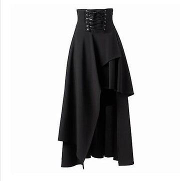 Gothic Lolita Pure Color High Waist Irregular Straps Long Skirt