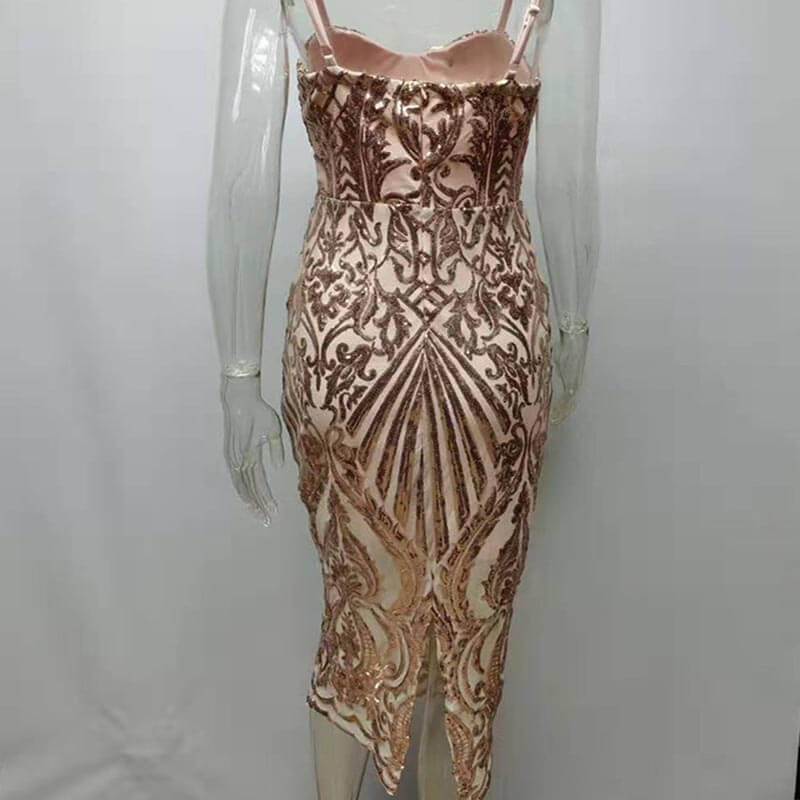 Low Cut Sequin Sling Midi Dress