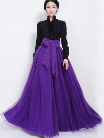 Pure Color Multi-Layer Mesh Long Skirt With Lace Belt - Oh Yours Fashion - 3