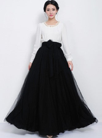Pure Color Multi-Layer Mesh Long Skirt With Lace Belt - Oh Yours Fashion - 4