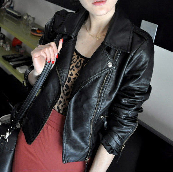 Women Black Zipper Moto Crop Slim Jacket - Oh Yours Fashion - 4