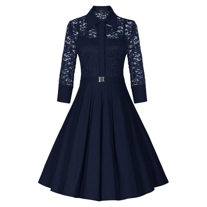 Fashion Lapel Hollow Out 3/4 Sleeve A-Line Knee-Length Dress - Oh Yours Fashion - 5