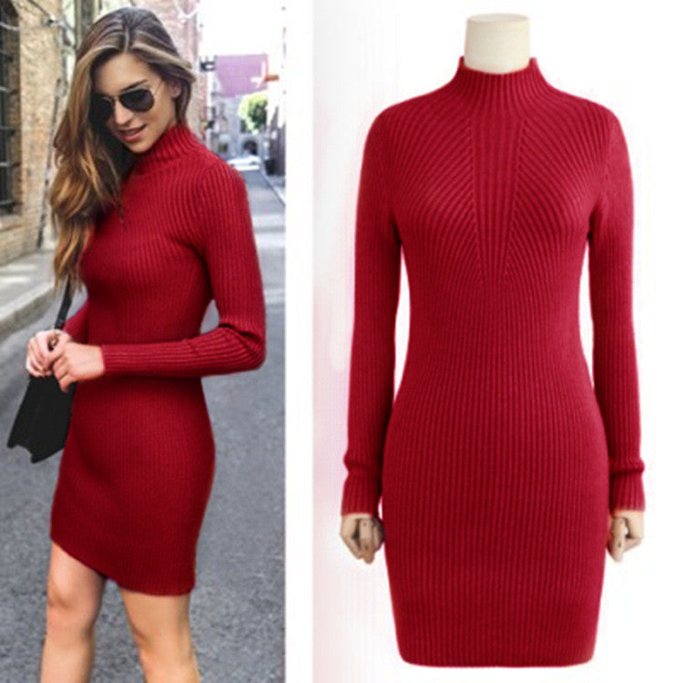 High Neck Bodycon Knitting Sweater Dress - Oh Yours Fashion - 1