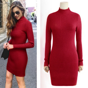 High Neck Bodycon Knitting Sweater Dress - Oh Yours Fashion - 1