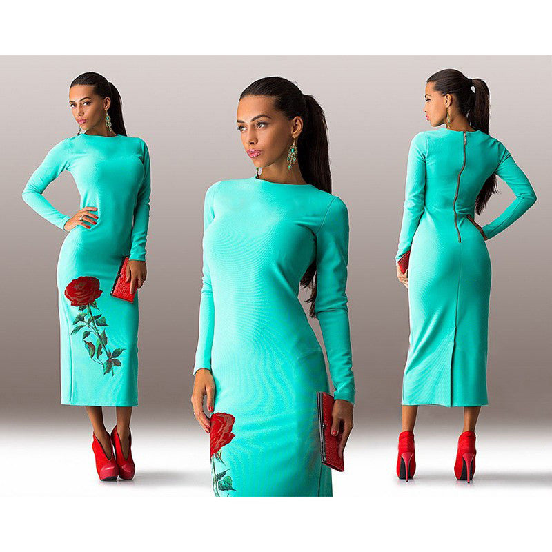 Rose Print Long Sleeve Back Zipper Bodycon Long Dress - Oh Yours Fashion - 5