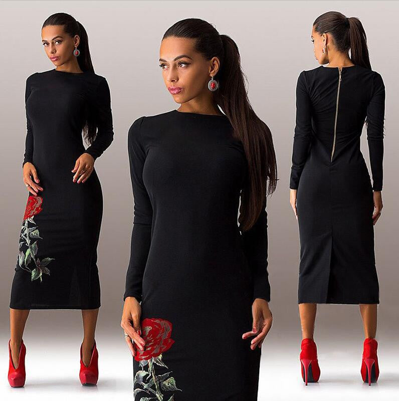 Rose Print Long Sleeve Back Zipper Bodycon Long Dress - Oh Yours Fashion - 1