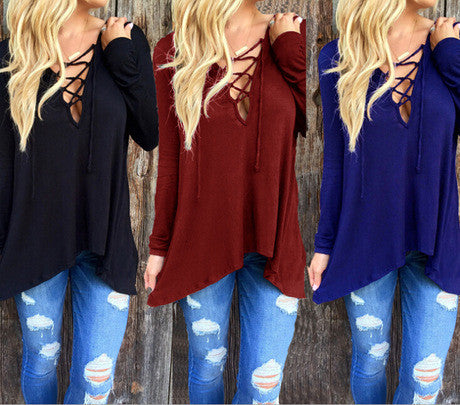 V Neck Cross Pure Color Hoodie Loose Blouse - Oh Yours Fashion - 1
