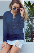 Sexy Strap Cross Deep V-neck Long Sleeves Blouse - OhYoursFashion - 2