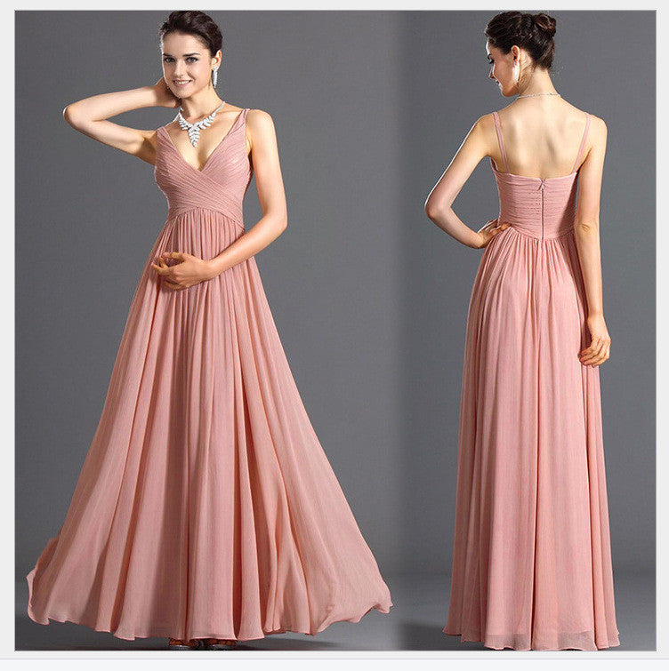 V-neck Backless Solid Spaghetti Strap Chiffon Long Bridesmaid Dress - Oh Yours Fashion - 1