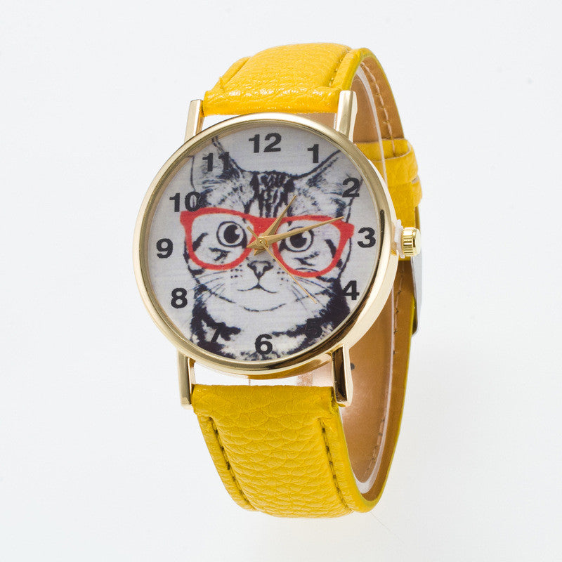 Glasses Cat Face Dial PU Watch - Oh Yours Fashion - 1