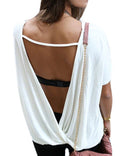 Backless Scoop Short Sleeves Back Cross Casual T-shirt - OhYoursFashion - 4