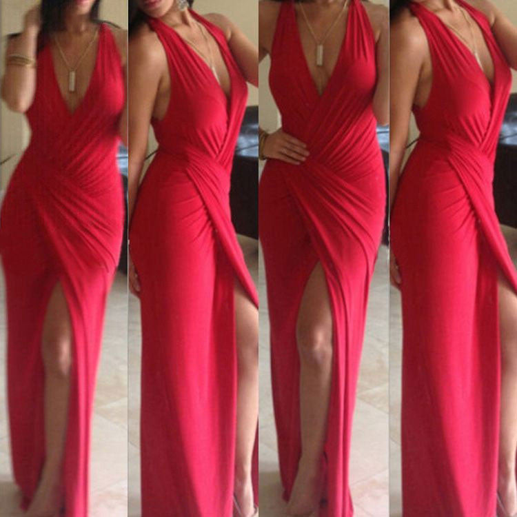 Sexy Red V Neck Long Splitting Dress - Oh Yours Fashion - 1