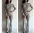 High Neck Long Sleeve Flared Leg Slim Long Jumpsuit - Oh Yours Fashion - 2