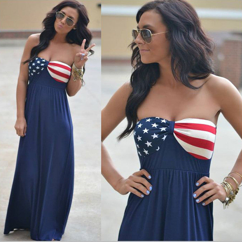 Strapless American Flag Print Long Dress - Oh Yours Fashion - 1