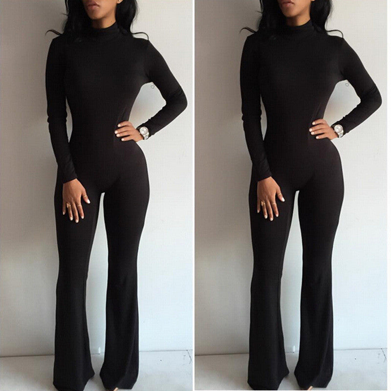 High Neck Long Sleeve Flared Leg Slim Long Jumpsuit - Oh Yours Fashion - 4