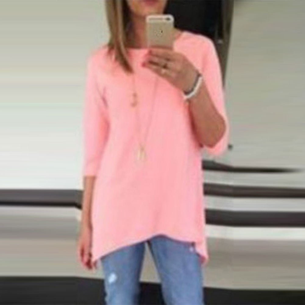Candy Color 3/4 Sleeve Scoop Irregular T-shirt - Oh Yours Fashion - 5