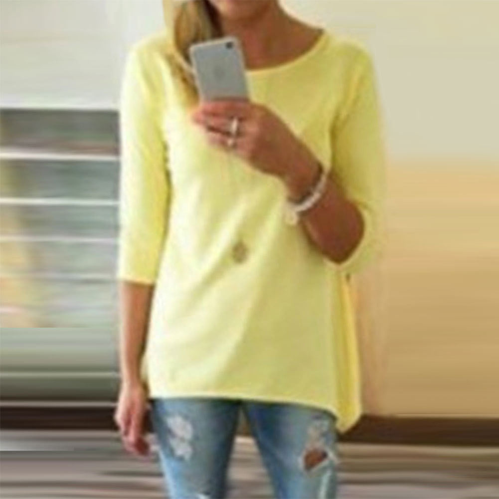 Candy Color 3/4 Sleeve Scoop Irregular T-shirt - Oh Yours Fashion - 3