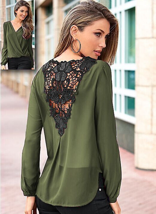 Backless Lace Patchwork V-neck Long Sleeves Chiffon Blouse - Oh Yours Fashion - 8
