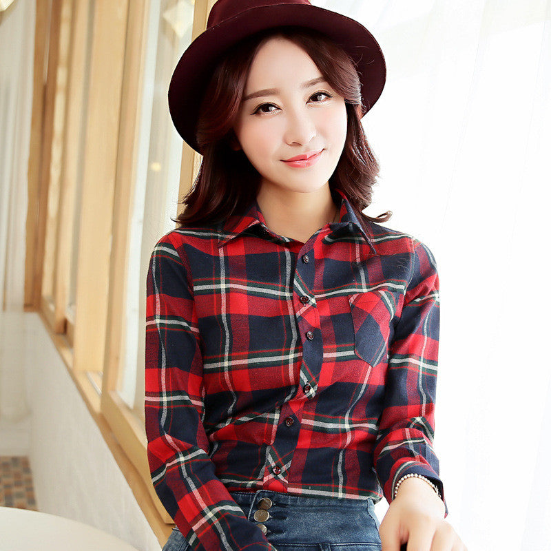 Long Sleeves Slim Plaid Turn-down Collar Flower Print Blouse - Oh Yours Fashion - 1