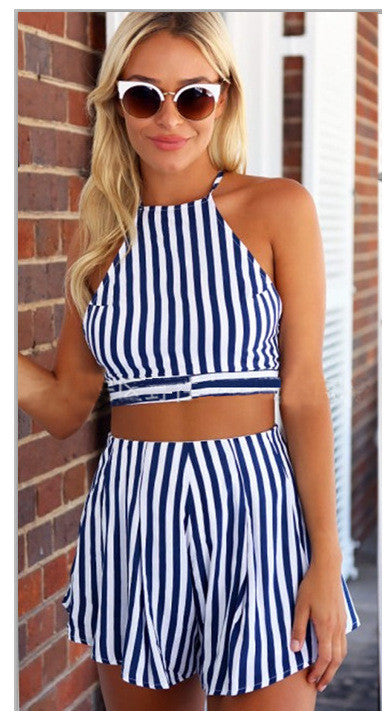 Strap Backless Crop Top Wide Leg Shorts Stripe Two Pieces Set - Oh Yours Fashion - 1